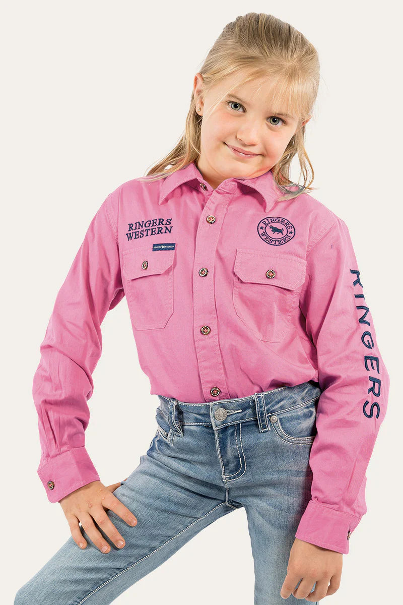 Jackaroo Kids L/S Full Button Embroidered Work Shirt - Pastel Pink With Navy Embroidery