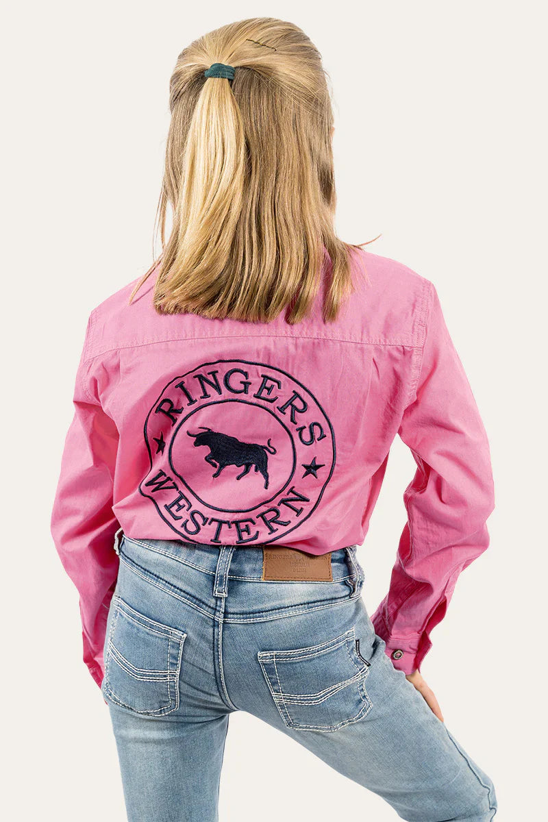 Jackaroo Kids L/S Full Button Embroidered Work Shirt - Pastel Pink With Navy Embroidery