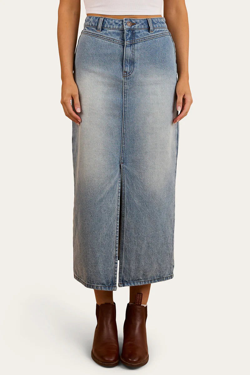 Christa Womens Midi Skirt - Light Wash Blue
