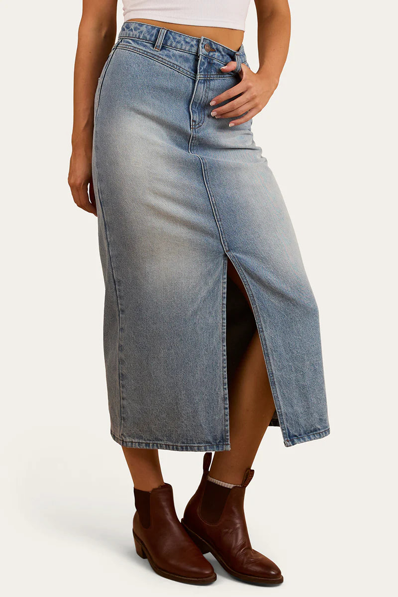 Christa Womens Midi Skirt - Light Wash Blue