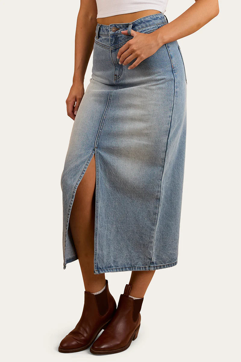 Christa Womens Midi Skirt - Light Wash Blue