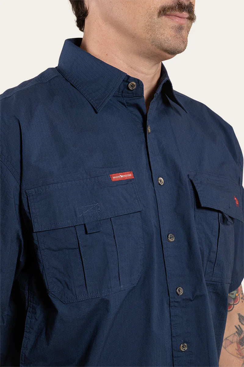 Bulgarra Mens Ripstop Full Button Short Sleeve Work Shirt - Dark Navy