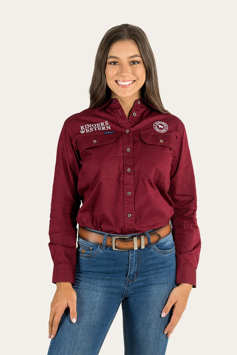 Signature Jillaroo Womens Full Button Work Shirt- Burgundy/White