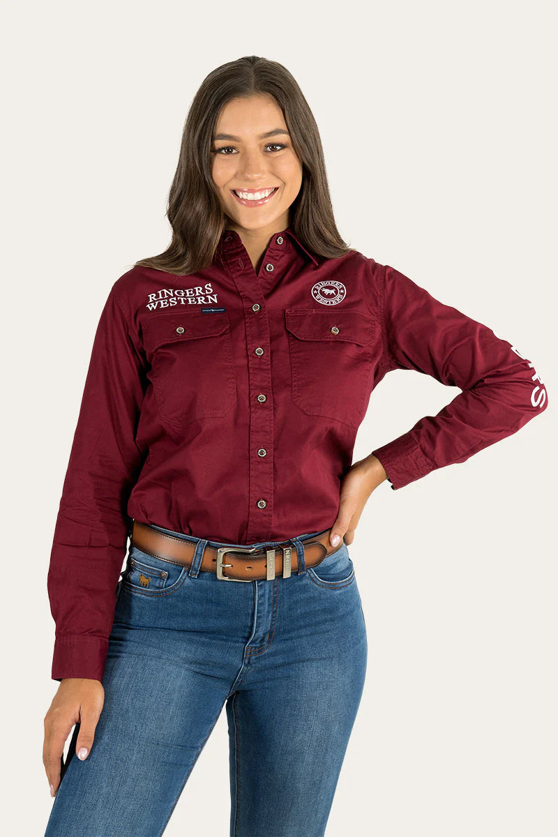 Signature Jillaroo Womens Full Button Work Shirt- Burgundy/White