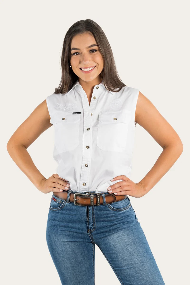 Signature Jillaroo Womens Sleeveless Work Shirt- White/White