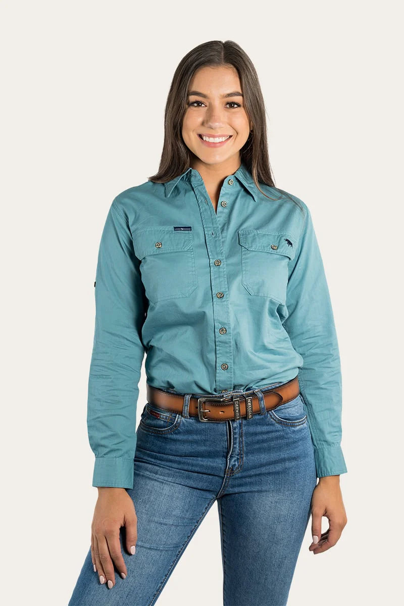 Pentecost River Womens Full Button Work Shirt- Dusty Jade