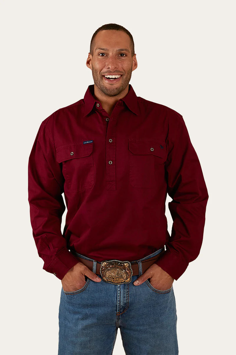 King River Mens Half Button Work Shirt - Burgundy - Ringers Western Toowoomba