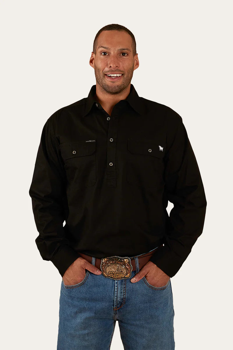 King River Mens Half Button Work Shirt- Black - Ringers Western Toowoomba