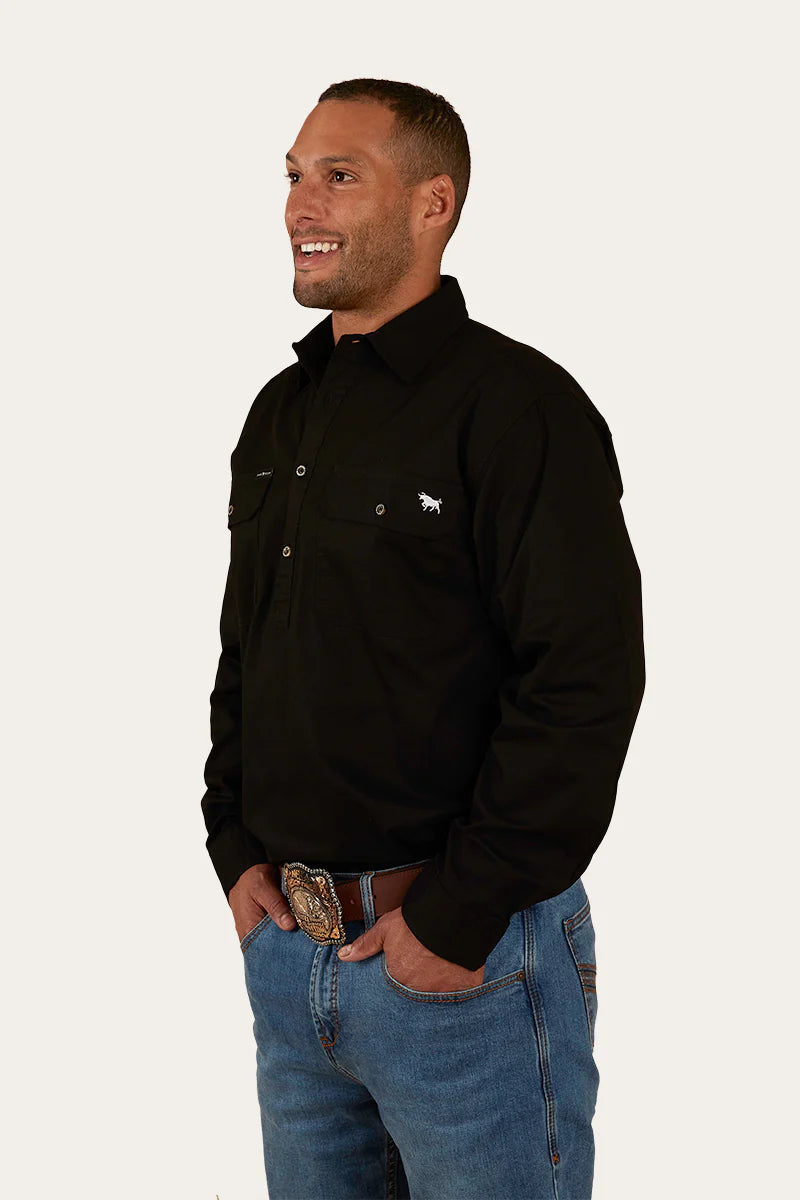 King River Mens Half Button Work Shirt- Black - Ringers Western Toowoomba