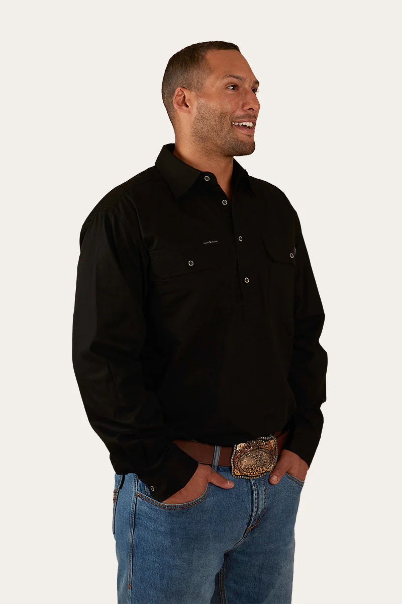 King River Mens Half Button Work Shirt- Black - Ringers Western Toowoomba