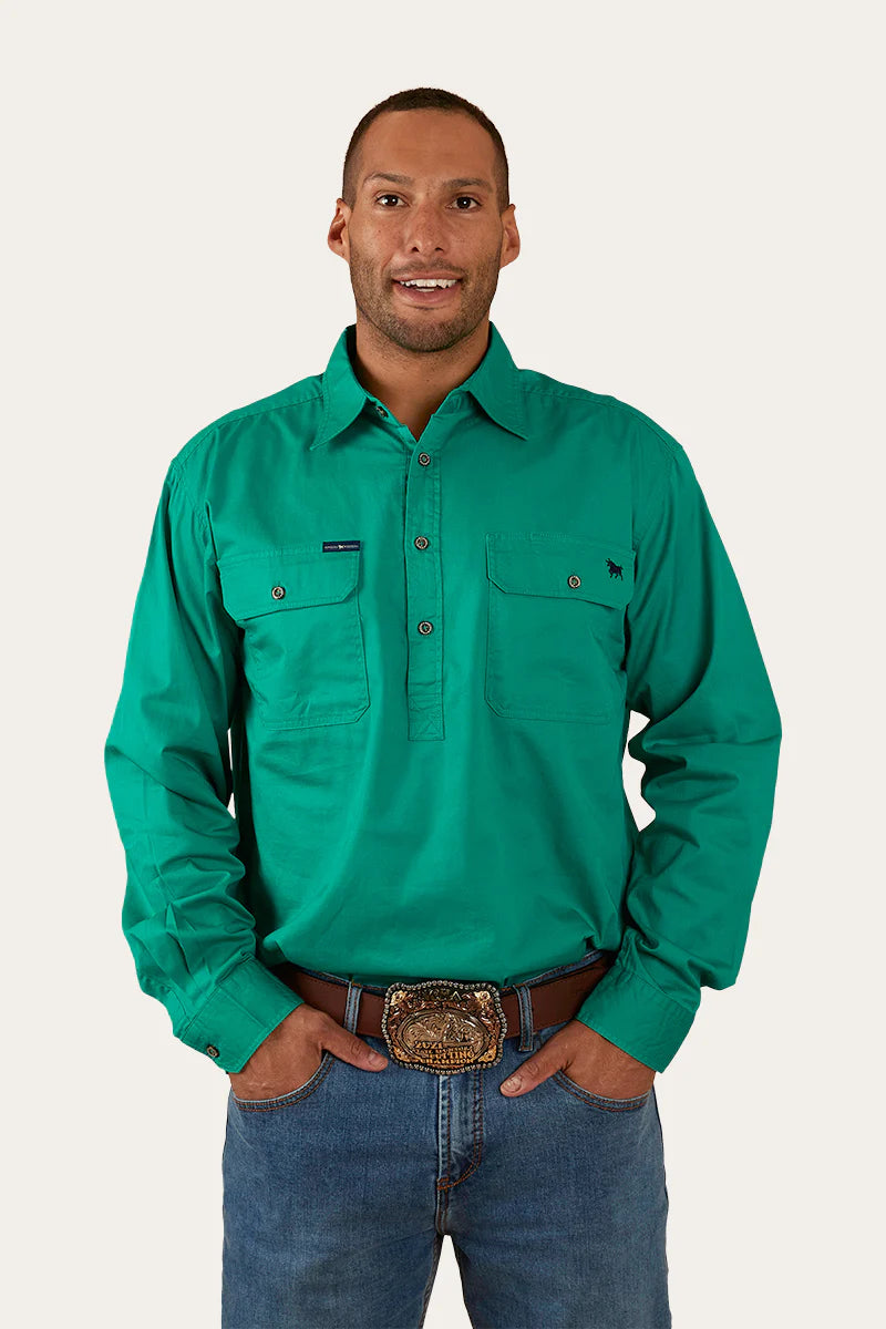 King River Mens Half Button Work Shirt- Green