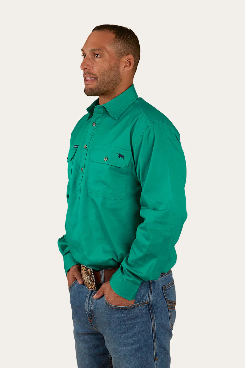 King River Mens Half Button Work Shirt- Green