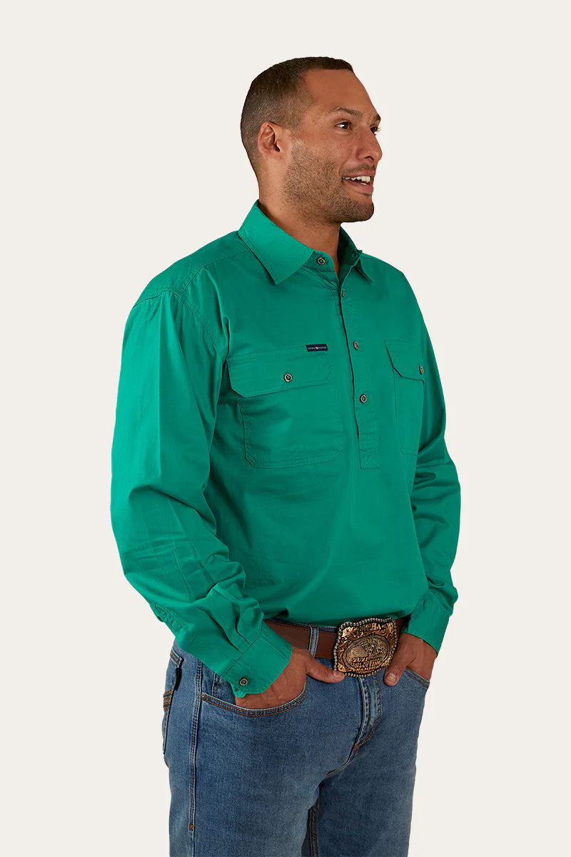 King River Mens Half Button Work Shirt- Green
