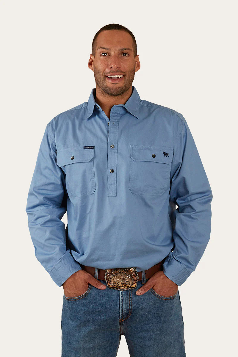 King River Mens Half Button Work Shirt- Denim Blue