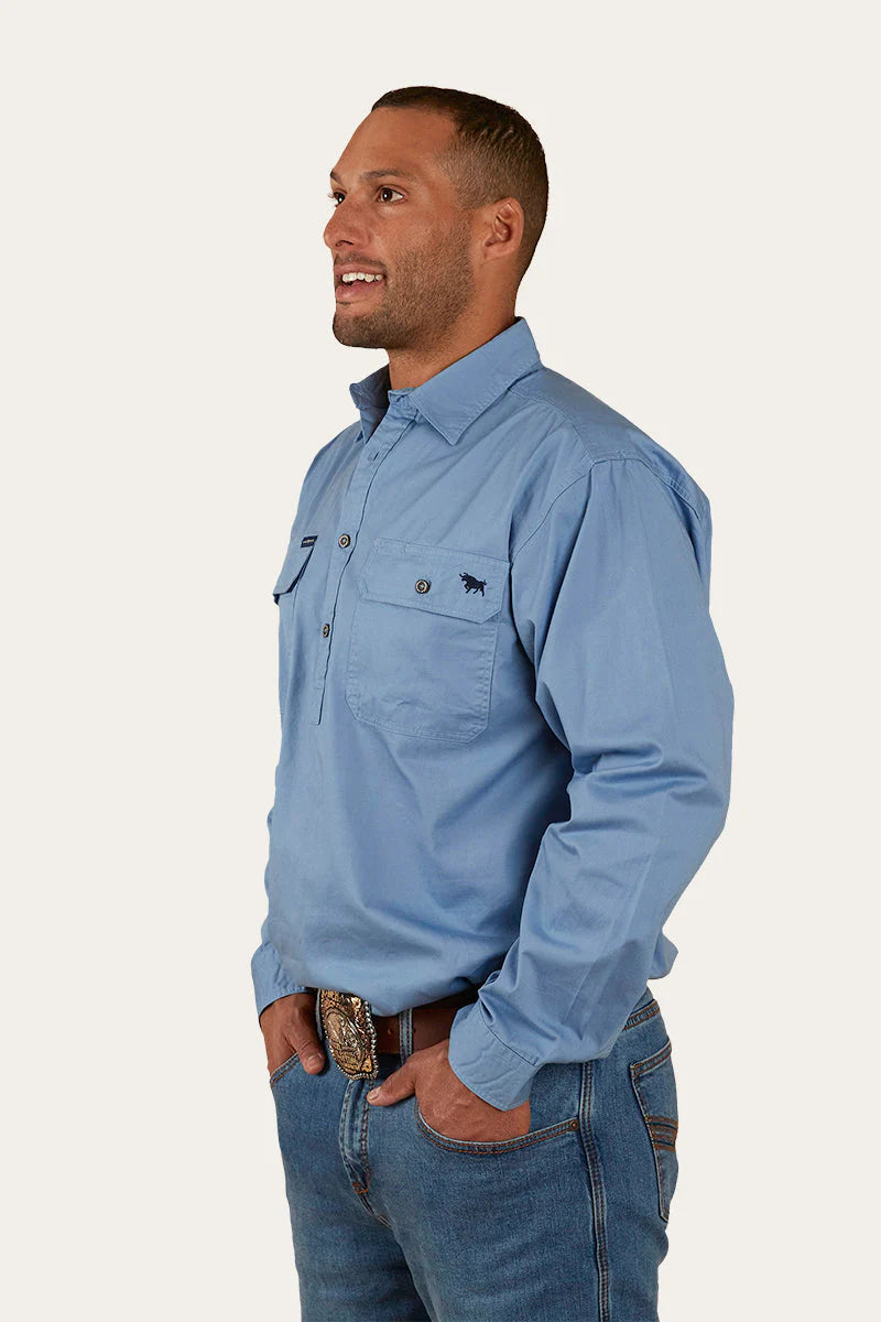 King River Mens Half Button Work Shirt- Denim Blue
