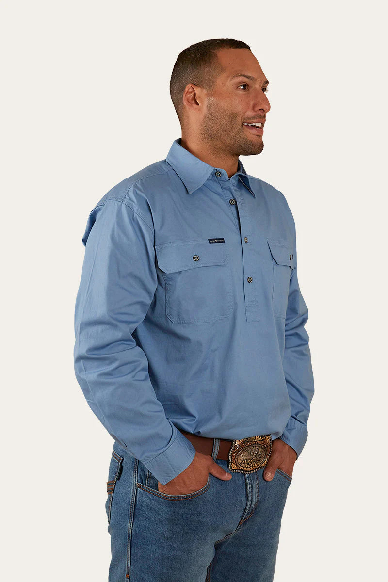 King River Mens Half Button Work Shirt- Denim Blue