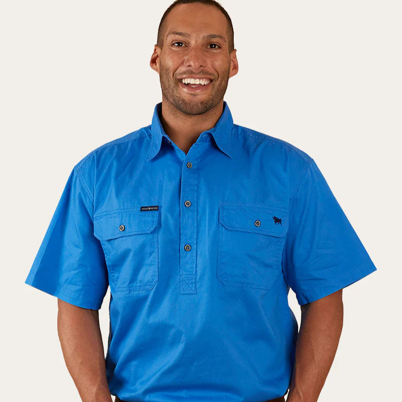 Pack Saddle Mens Short Sleeve Half Button Work Shirt - Blue