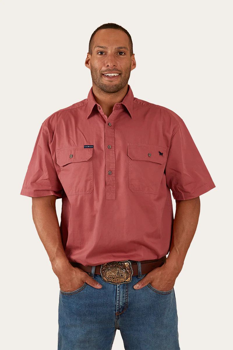 Pack Saddle Mens Short Sleeve Half Button Work Shirt - Dusty Rose - Ringers Western Toowoomba