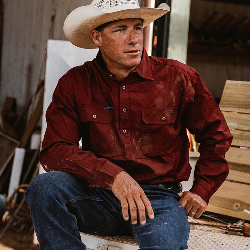 King River Mens Half Button Work Shirt - Burgundy - Ringers Western Toowoomba