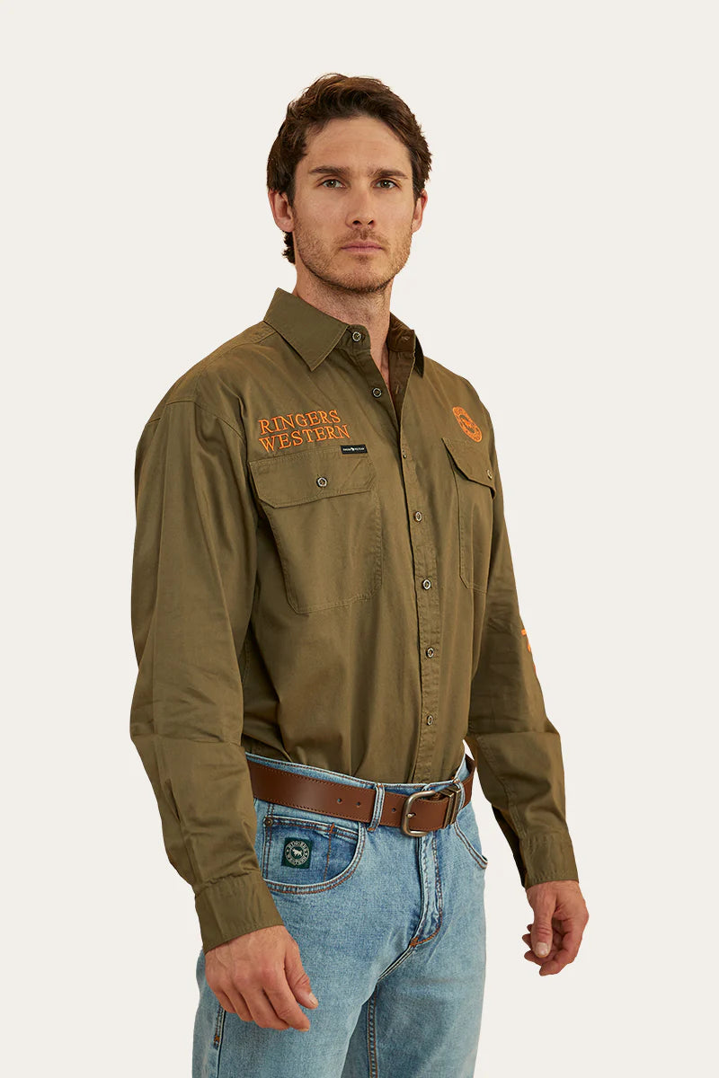 Hawkeye Mens Full Button Work Shirt - Military Green /Orange