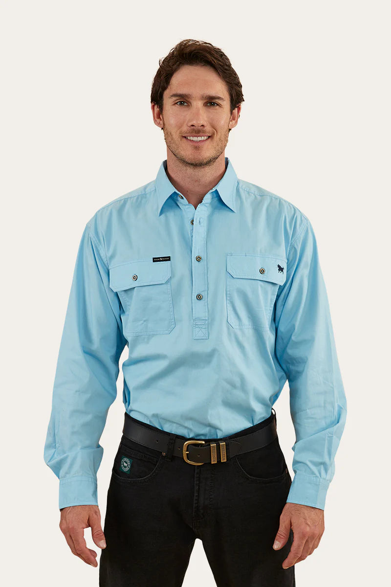 King River Mens Half Button Work Shirt - Sky Blue