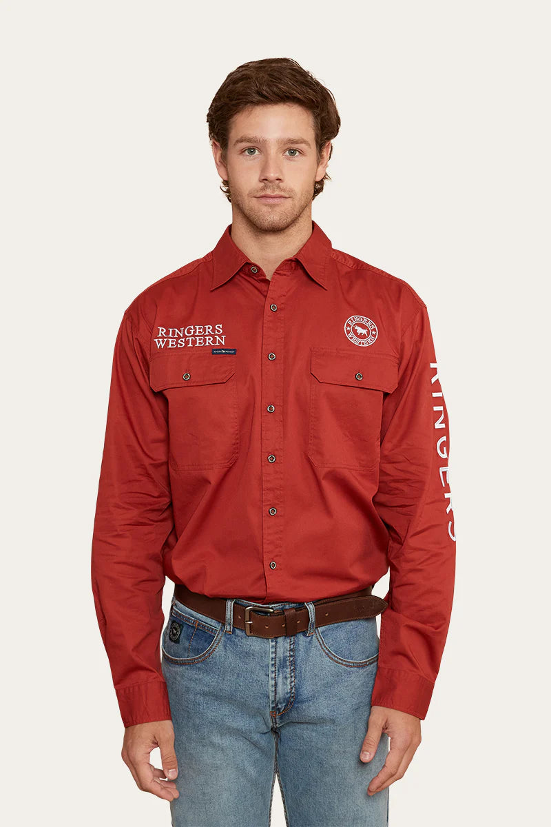 Hawkeye Mens Full Button Work Shirt - Terracotta/White