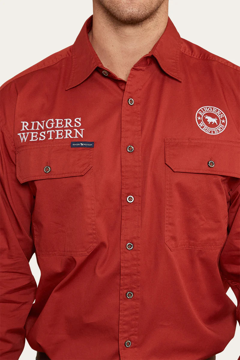 Hawkeye Mens Full Button Work Shirt - Terracotta/White