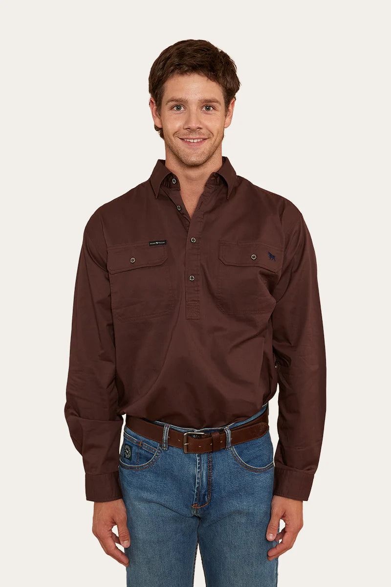 King River Mens Half Button Work Shirt - Chocolate