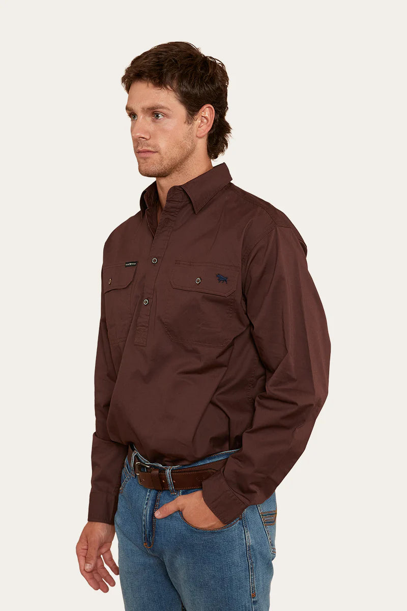 King River Mens Half Button Work Shirt - Chocolate