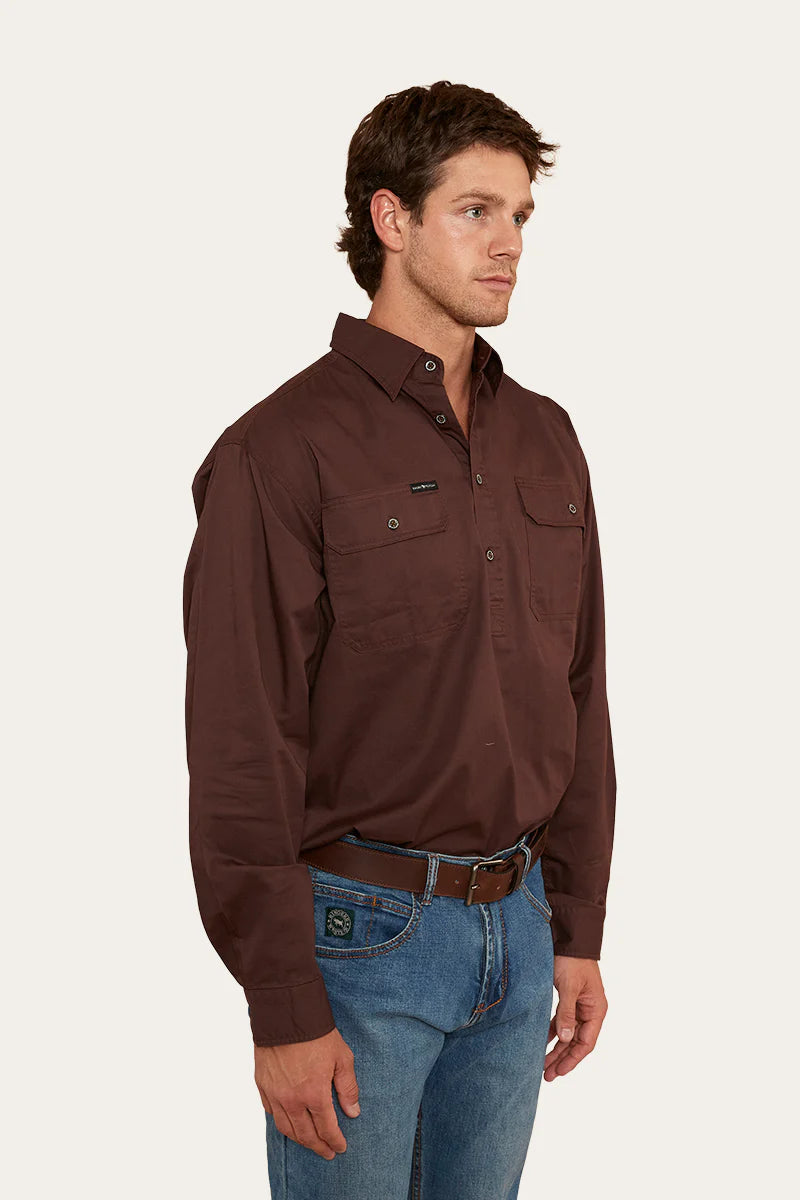 King River Mens Half Button Work Shirt - Chocolate