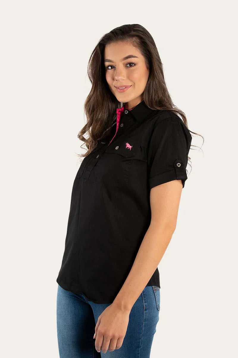 Jules Womens Half Button Short Sleeve Work Shirt - Black/Melon - Ringers Western Toowoomba