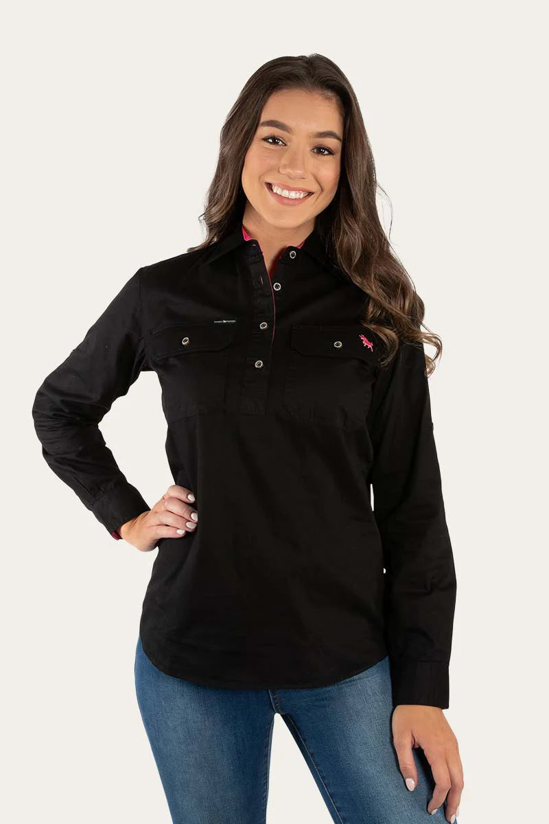 Pentecost River Womens Half Button Work Shirt - Black/Melon