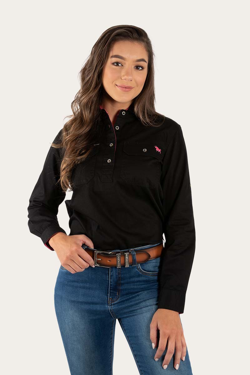 Pentecost River Womens Half Button Work Shirt - Black/Melon