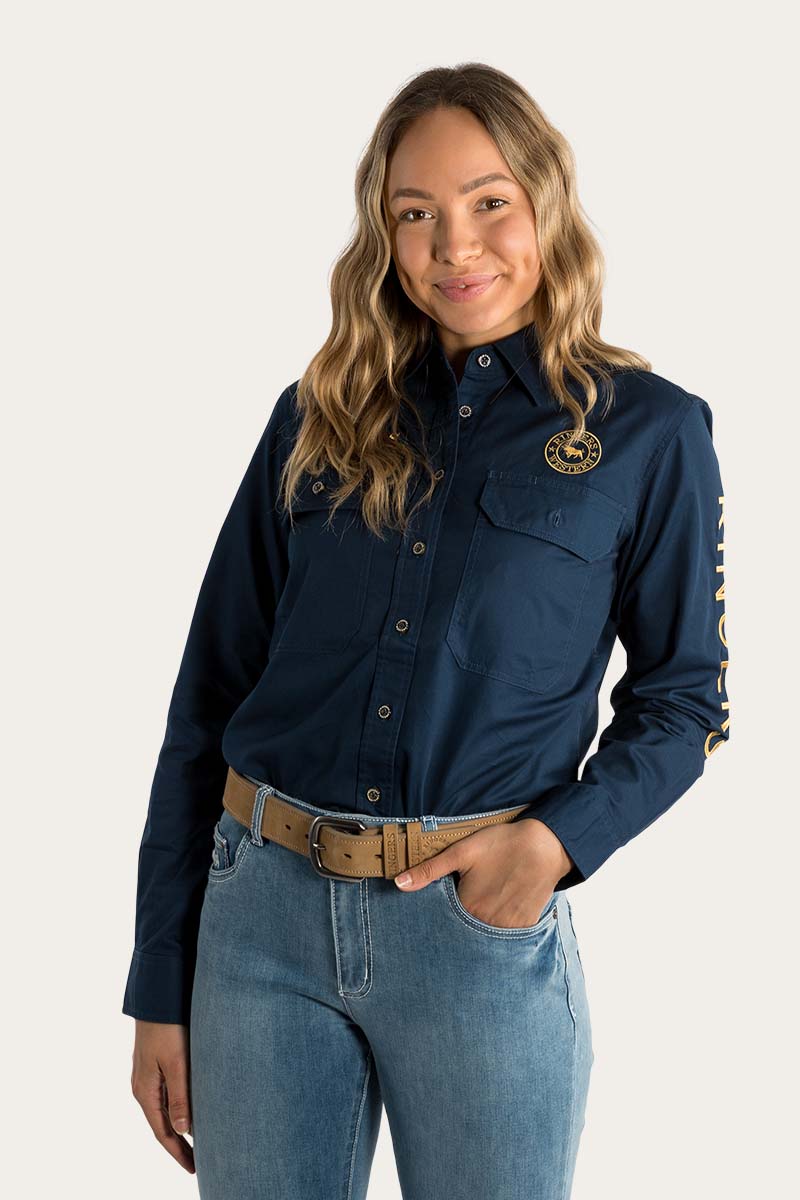 Signature Jillaroo Womens Full Button Work Shirt - Dark Navy With Amber Gold Embroidery