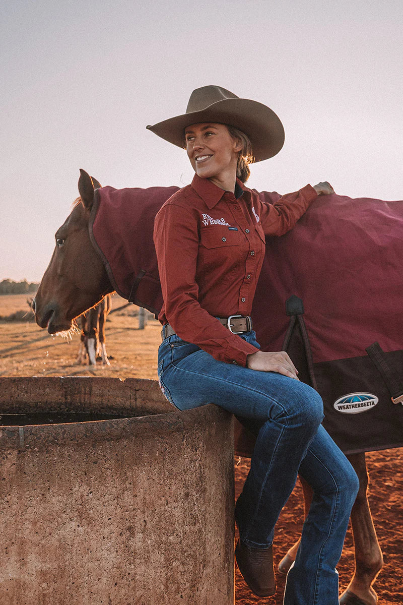 Signature Jillaroo Womens Full Button Work Shirt- Terracotta/White