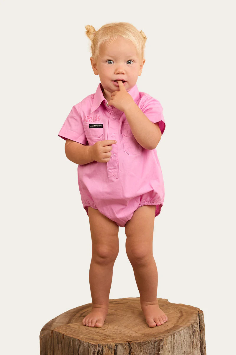 Ringers Babies Western Short Sleeve Work Shirt Romper - Pastel Pink