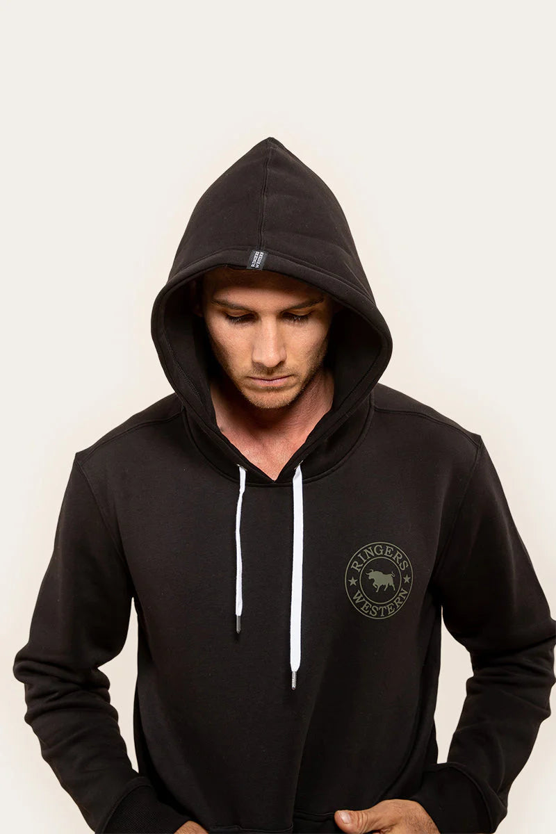 Signature Bull Mens Pullover Hoodie - Black With Military Green Print