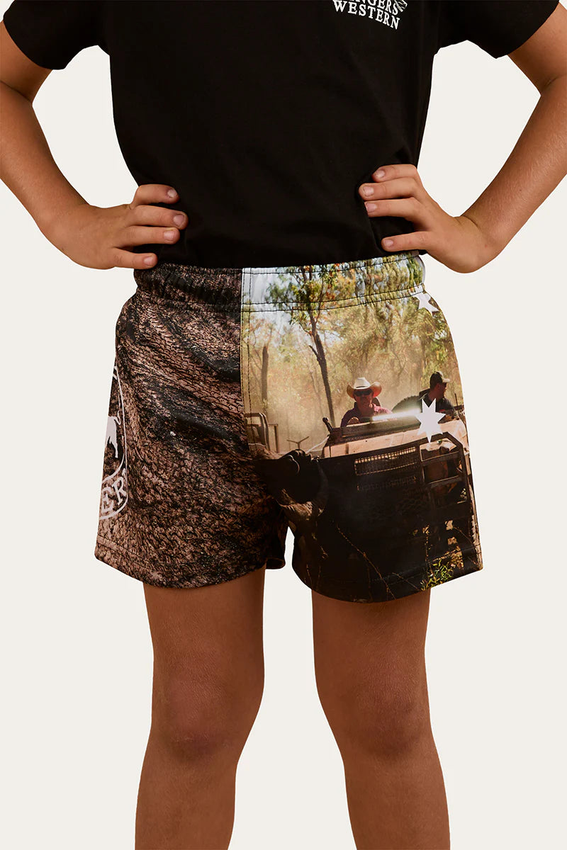 Out Bush Kids Footy Short - Black/Multi