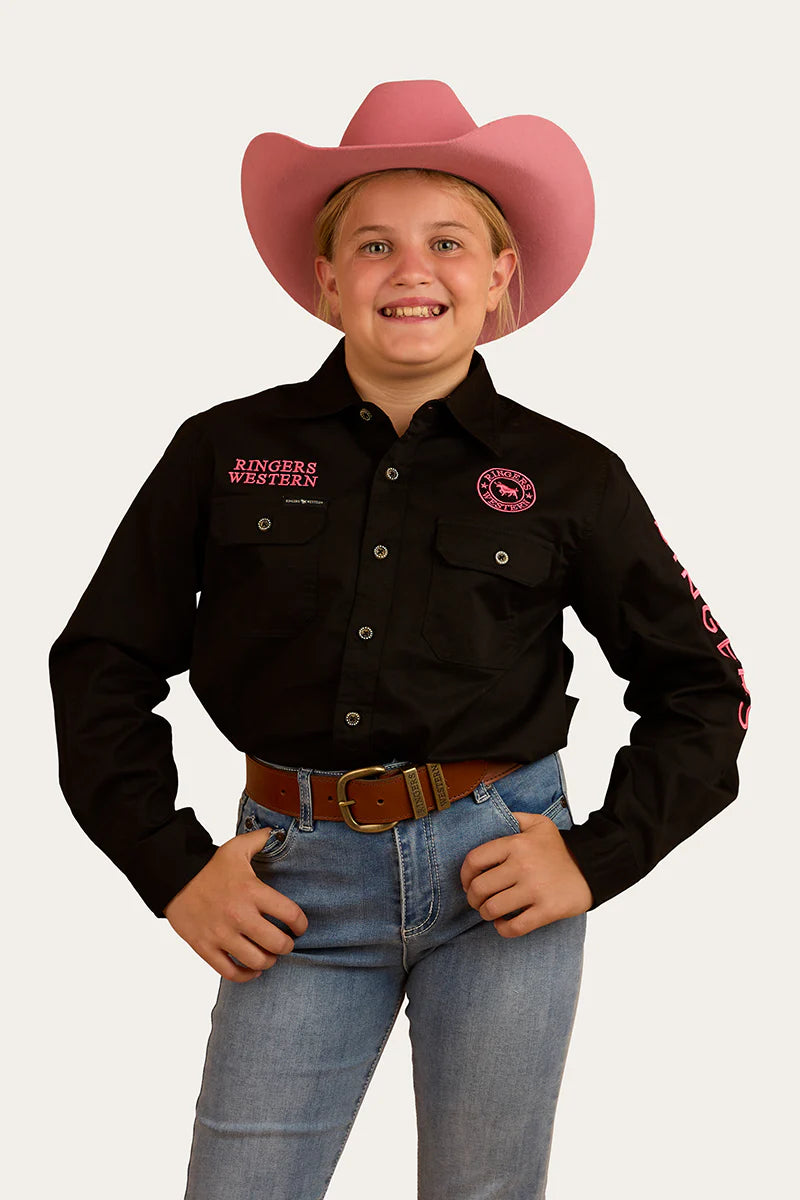 Jackaroo Kids Full Button Work Shirt - Black/Melon