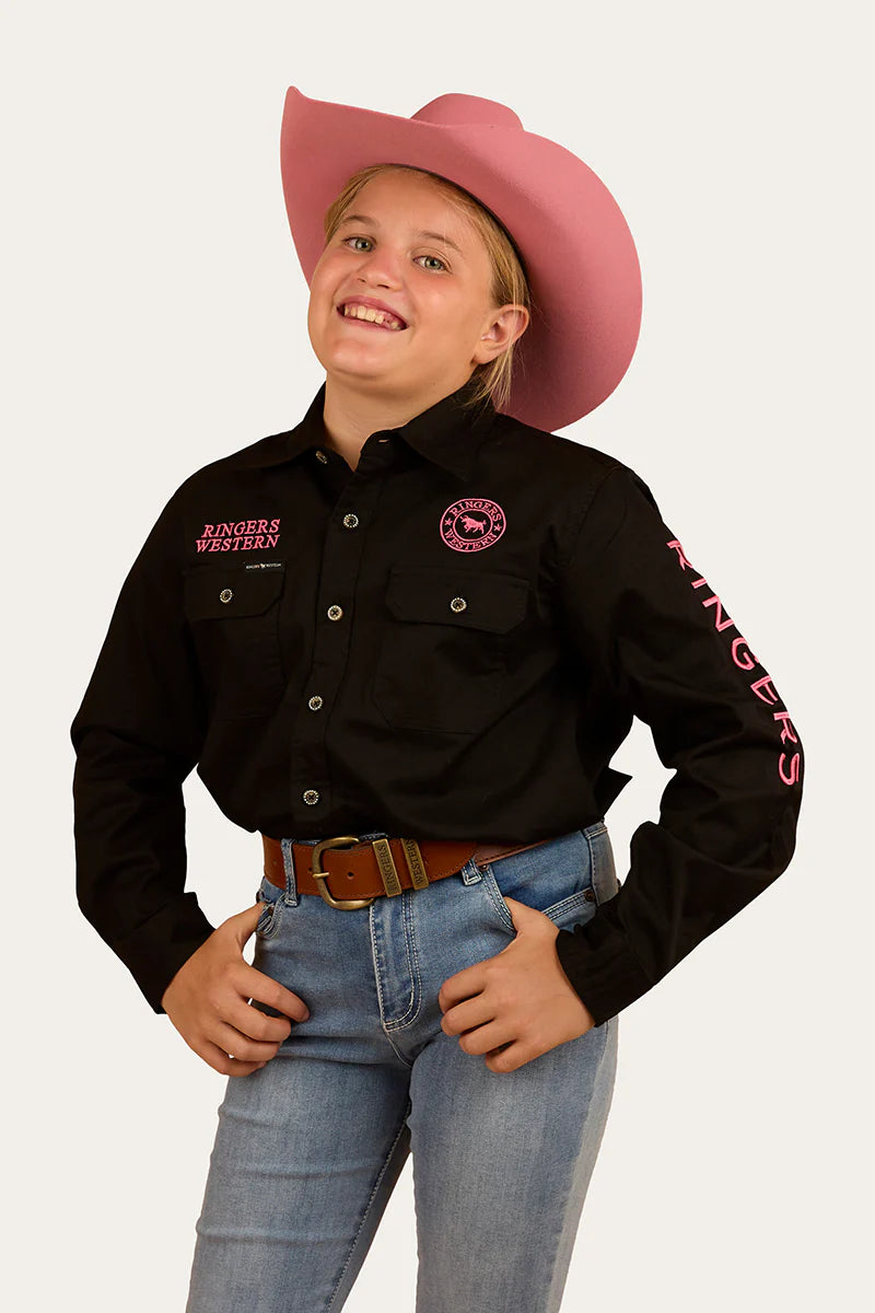 Jackaroo Kids Full Button Work Shirt - Black/Melon