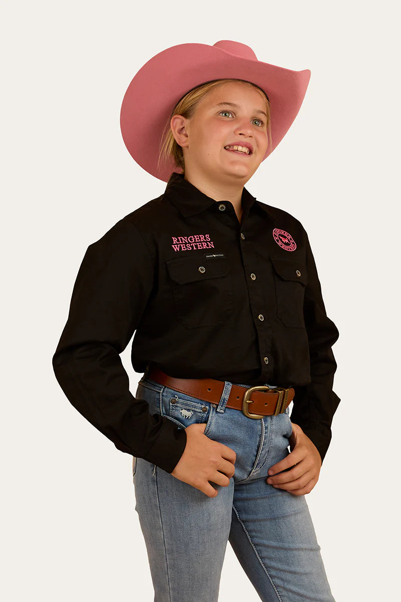 Jackaroo Kids Full Button Work Shirt - Black/Melon