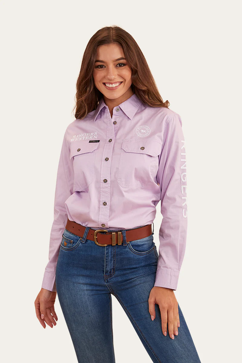 Signature Jillaroo Womens Full Button Work Shirt- Lavender/White