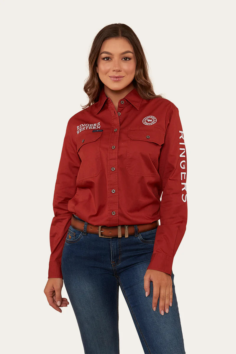 Signature Jillaroo Womens Full Button Work Shirt- Terracotta/White