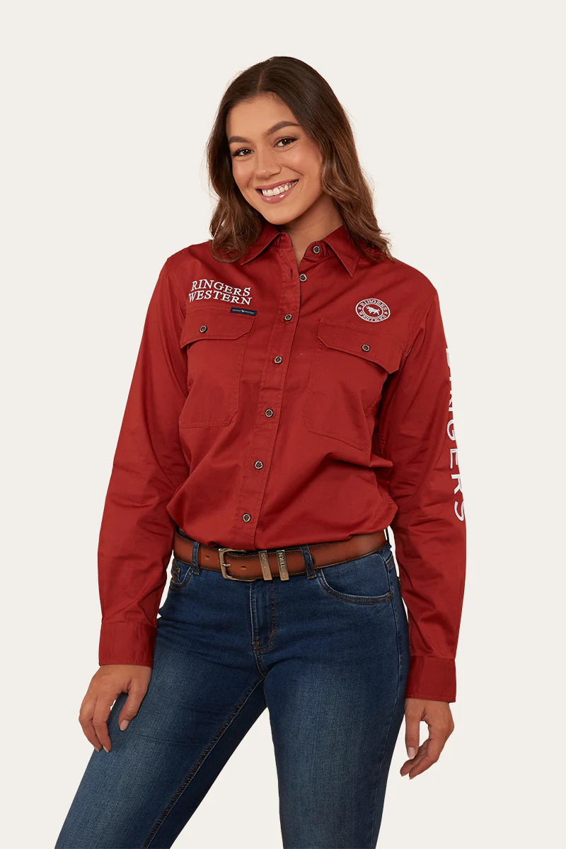 Signature Jillaroo Womens Full Button Work Shirt- Terracotta/White
