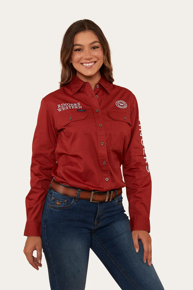 Signature Jillaroo Womens Full Button Work Shirt- Terracotta/White