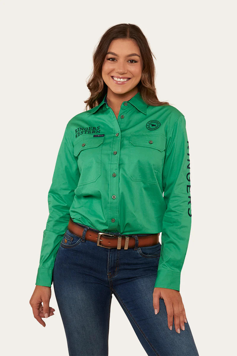 Signature Jillaroo Womens Full Button Work Shirt- Kelly Green /Navy