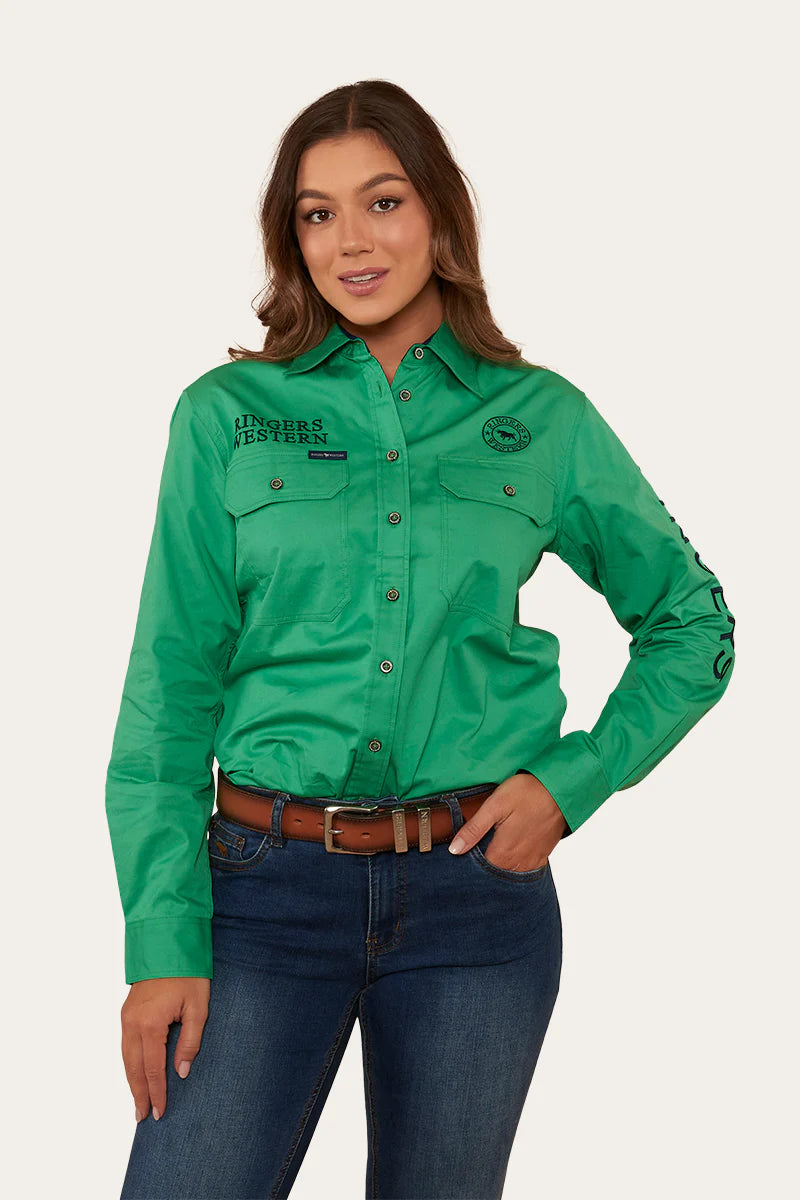 Signature Jillaroo Womens Full Button Work Shirt- Kelly Green /Navy