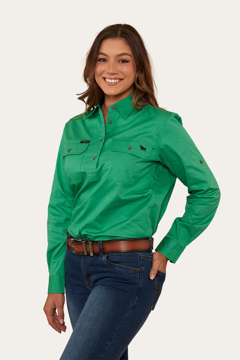 Pentecost River Womens Half Button Work Shirt - Kelly Green/Navy