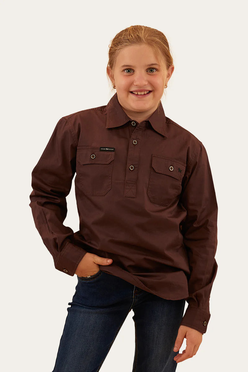 Ord River Kids Half Button Work Shirt - Chocolate