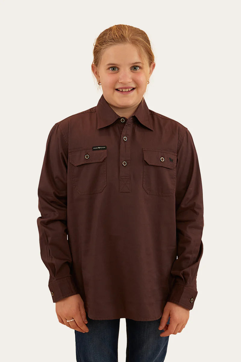 Ord River Kids Half Button Work Shirt - Chocolate